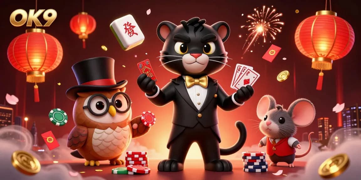 Experience the excitement of gambling with OK9 in a dynamic 3D casino scene filled with vibrant characters and elements.