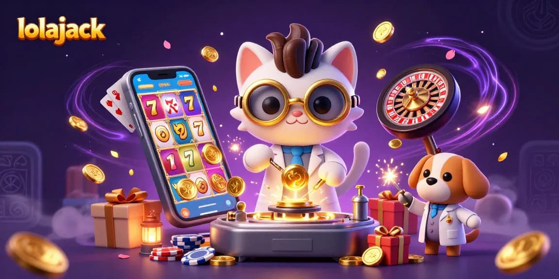 Engage with lolajack's thrilling casino scene featuring vibrant slots, coins, and dynamic game elements.