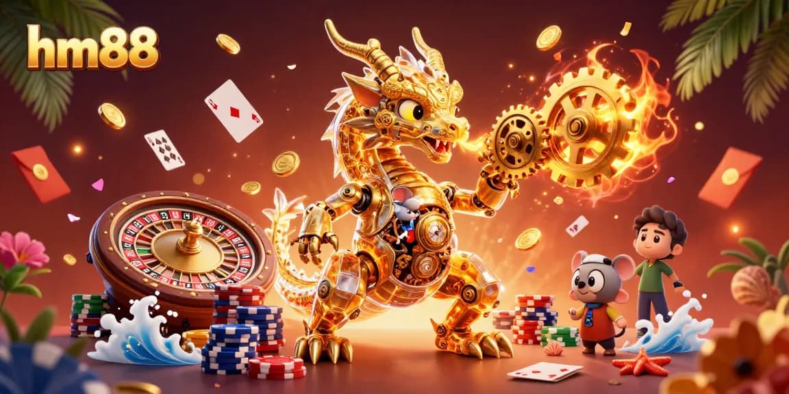 Experience thrilling gameplay with hm88 at this vibrant 3D casino scene filled with poker chips and playing cards.