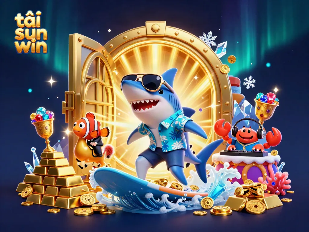 Experience exciting gameplay in Sun Win with a dynamic scene featuring a shark surfing on gold coins.