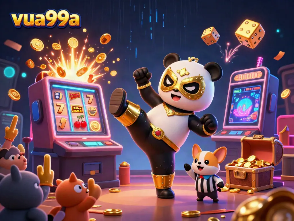 Experience the excitement of gaming at vua99a with a thrilling 3D casino illustration showcasing dynamic characters in action.