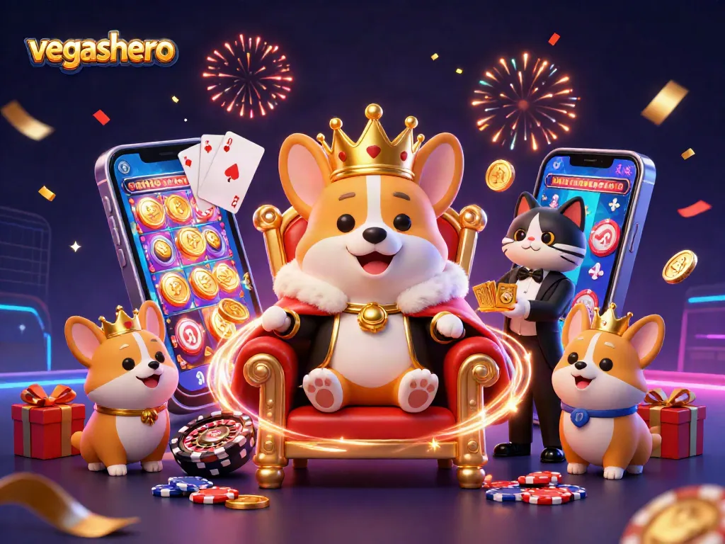 Experience VegasHero with a corgi in royal attire amidst golden coins and casino elements