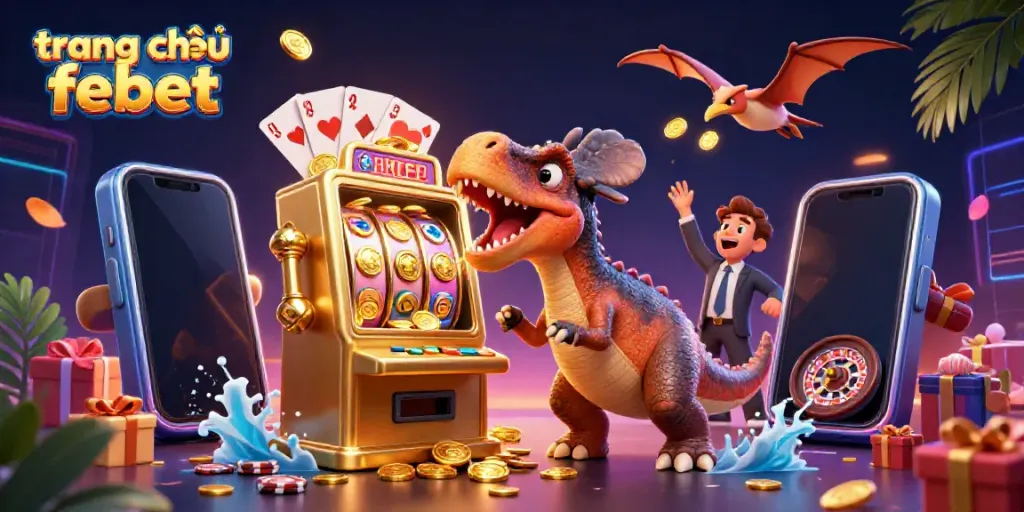 Experience the excitement with a pachycephalosaurus at the trang chủ febet jackpot, as golden coins rain down in a vibrant casino.