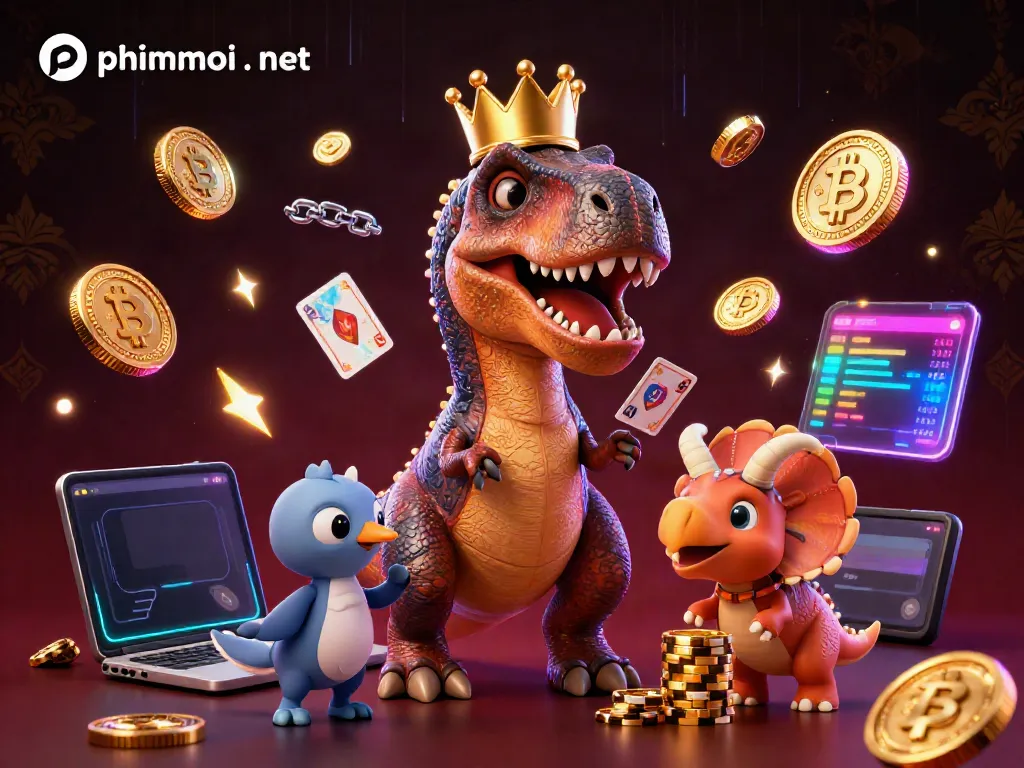 Engage in thrilling gameplay with phimmoi . net featuring a playful T-Rex and friends in a lively casino scene.