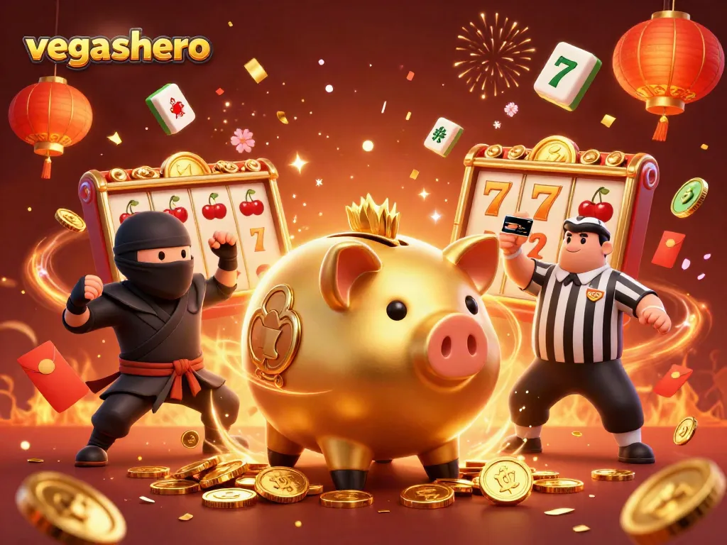Engage with vegashero at an exciting online casino featuring a golden piggy bank, slot reels, and confetti celebration.
