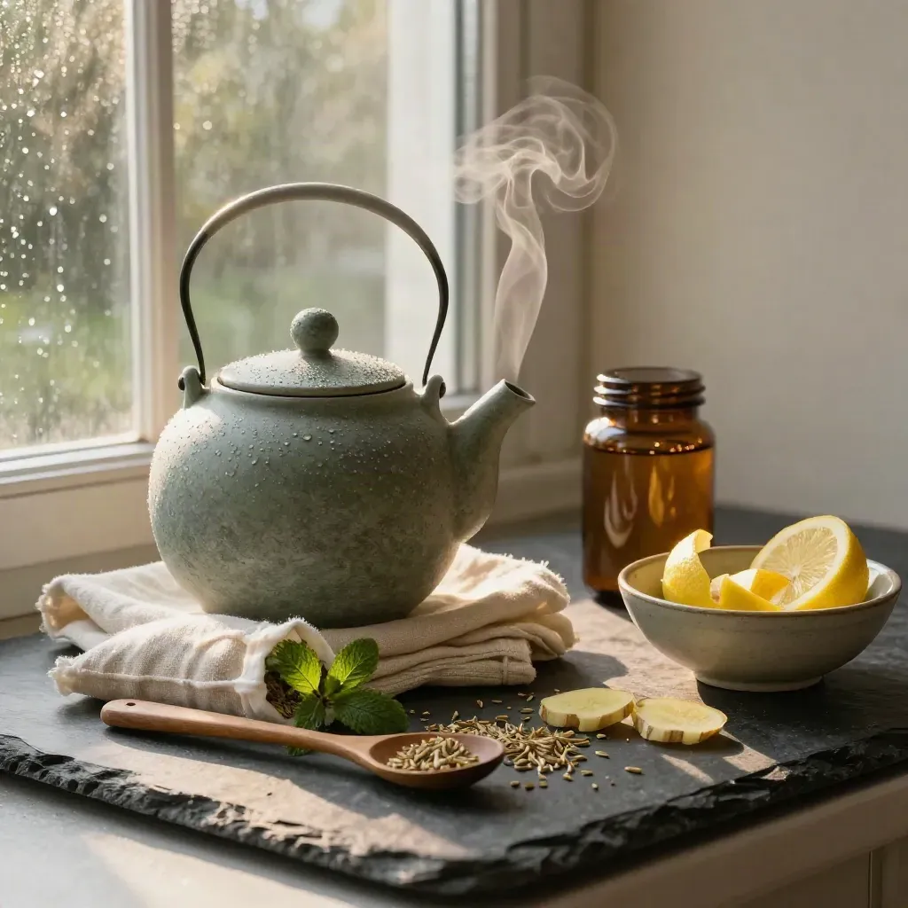Stenen theepot met dampende kruidenthee, munt, venkel, citroen, gember en supplementen op leisteen.