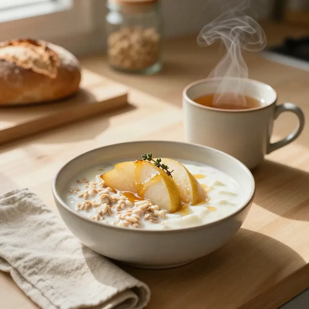 Ontbijtkom met havermout, yoghurt, gestoofde peer, tijm en dampende kruidenthee in zacht ochtendlicht.