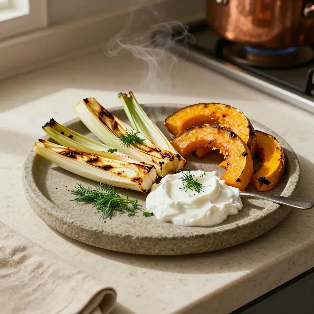 Bovenaanzicht van gegrilde venkel, pompoen, yoghurt en dille op een stenen bord.