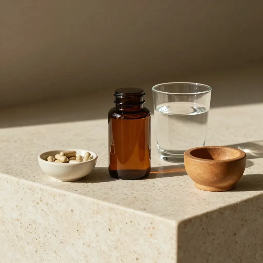 Amber supplementfles, capsules, waterglas en vijzelkommetje op travertin in hard bovenlicht.