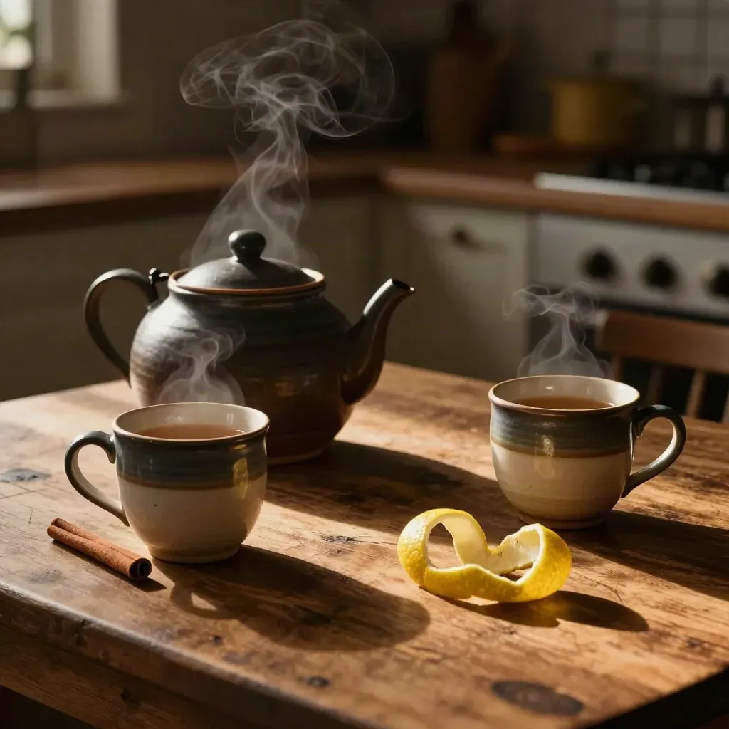 Donkere theepot met twee mokken, kaneel en citroenschil op een houten tafel in avondlicht.