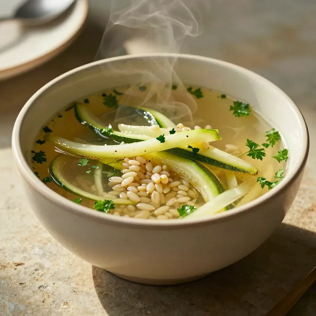 Macro van een lunchkom met bouillon, courgette, peterselie en zachte granen, met damp.