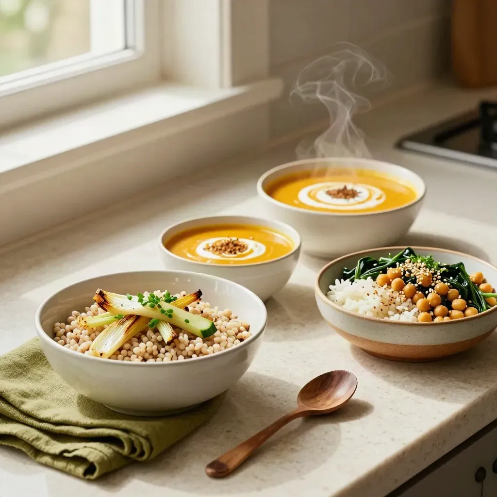 Drie kruidenrijke maaltijdkommen in warm keukenlicht, van lunch tot avondeten.