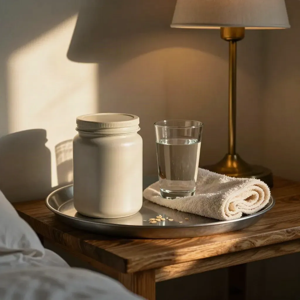 Avondtray met magnesiumpotje, waterglas, handdoek en dim lampje in een slaapkamerhoek.