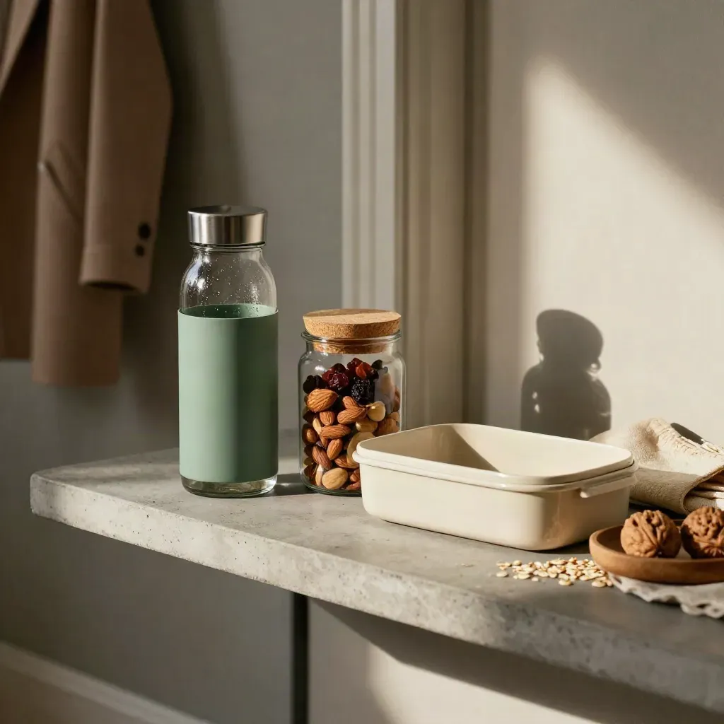 Compacte grab-and-go set met theefles, snackpot en lunchbak op een entreeplank.