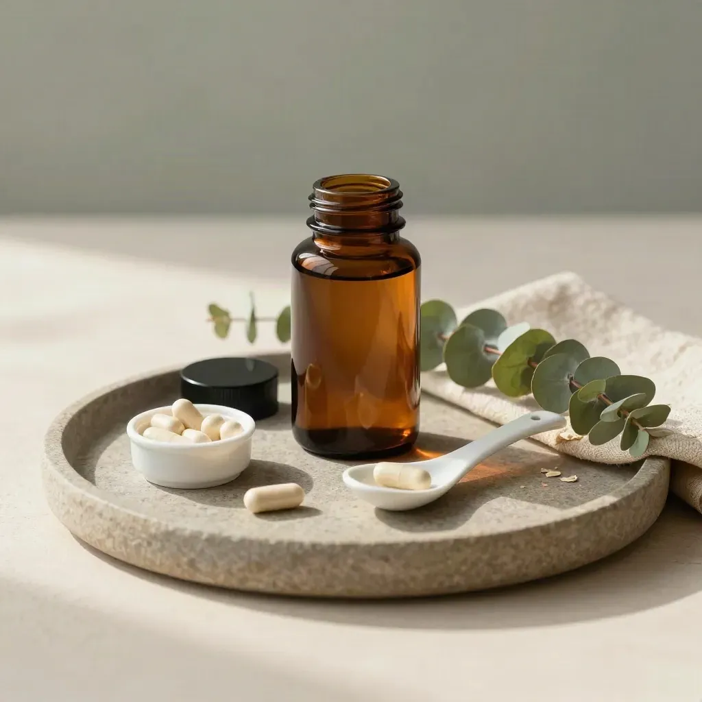 Amber supplementfles met capsules, lepel, eucalyptus en doek op stenen tray