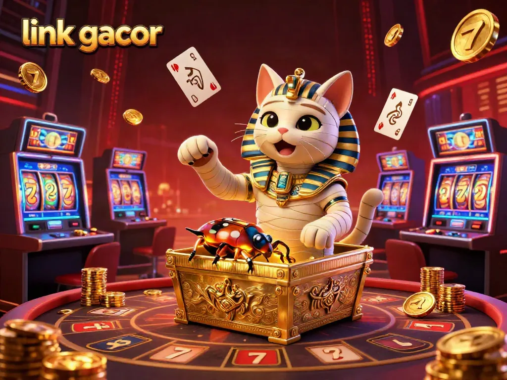 Engage with thrilling gameplay at link gacor casino, highlighted by spinning slot reels and animated characters.