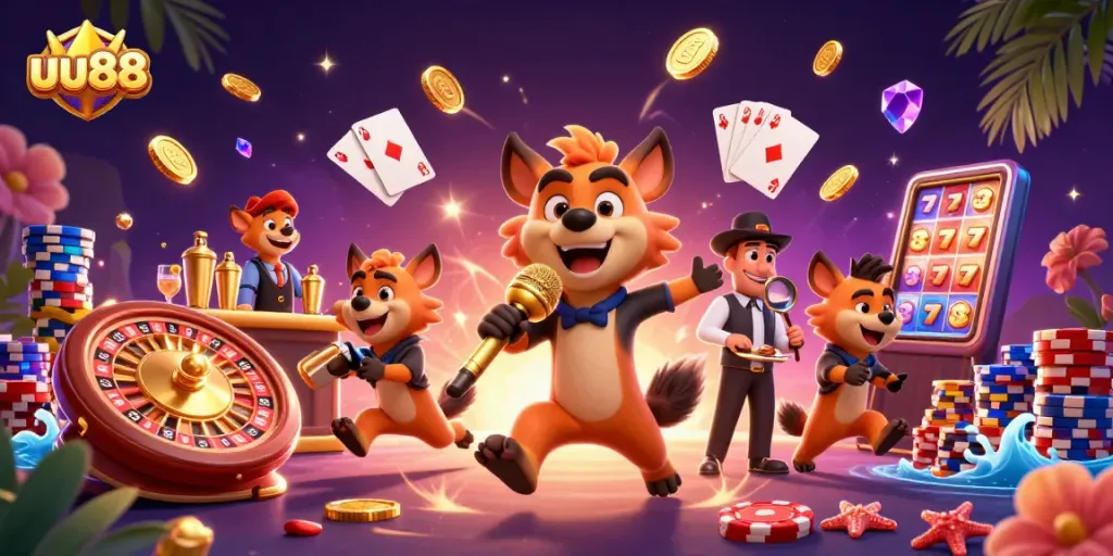 Engage with uu88's vibrant casino scene featuring hyenas in a comedy club with golden coins and sparkling gems.