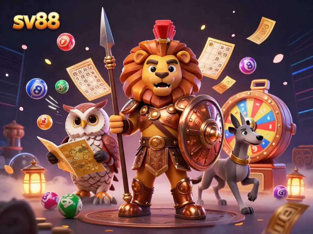 Engage in the exhilarating world of sv88 with dynamic lottery elements and a fierce Spartan lion.