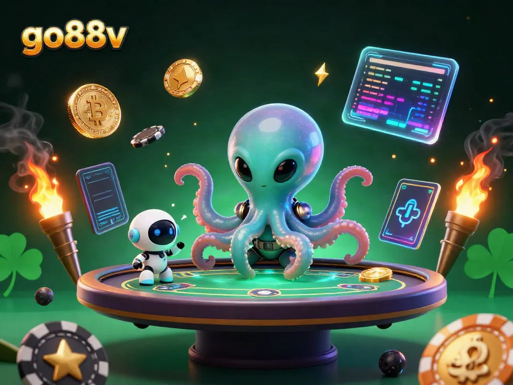 Engage in thrilling poker action with the vibrant and dynamic go88v scene featuring an alien octopus and crypto elements