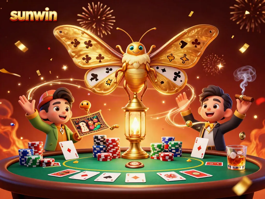 sunwin offers an exciting atmosphere with a colorful casino scene featuring a giant moth and poker elements.