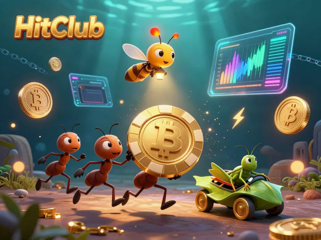 Experience the thrill of HitClub with vibrant ants carrying a gold poker chip amidst glowing crypto elements.