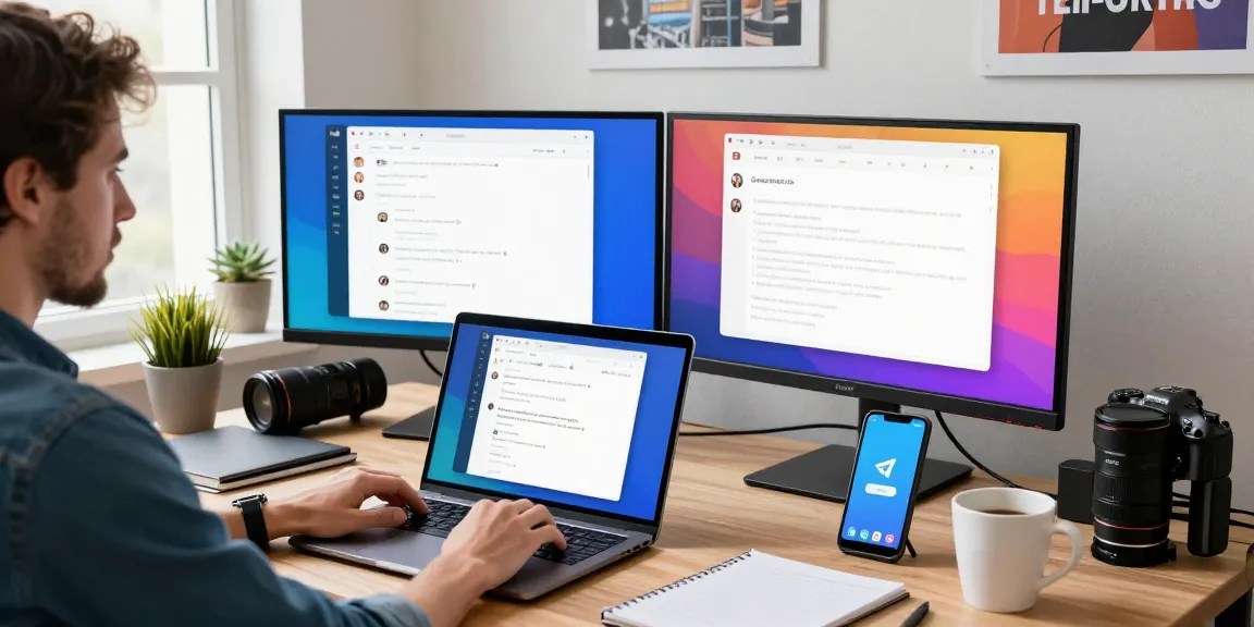 User accessing Telegram Web Version on laptop in a modern workspace covered with tech gadgets and coffee, showcasing productivity and communication.